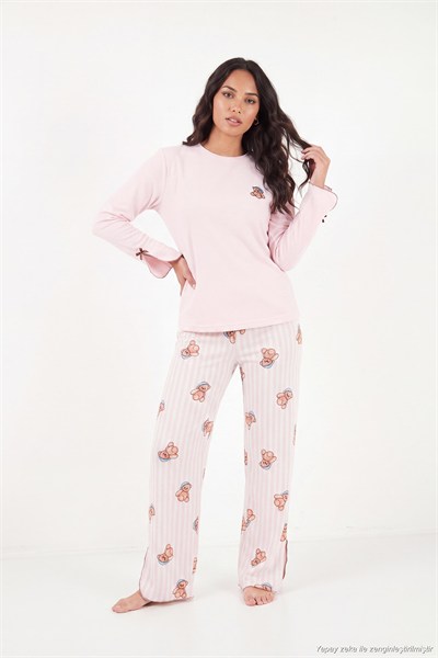 Ayıcık Desenli Lastikli Bel Uzun Kollu Yumuşak Dokulu Kadın Pijama Takımı 6575023 PEMBE