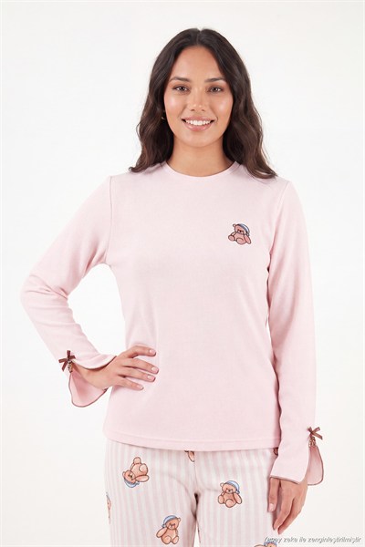 Ayıcık Desenli Lastikli Bel Uzun Kollu Yumuşak Dokulu Kadın Pijama Takımı 6575023 PEMBE