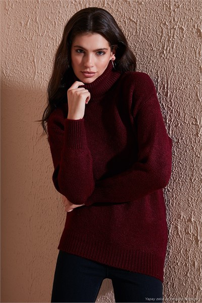 Balıkçı Yaka Örme Uzun Kadın Kazak 4615018 BORDO