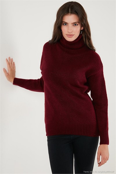 Balıkçı Yaka Örme Uzun Kadın Kazak 4615018 BORDO