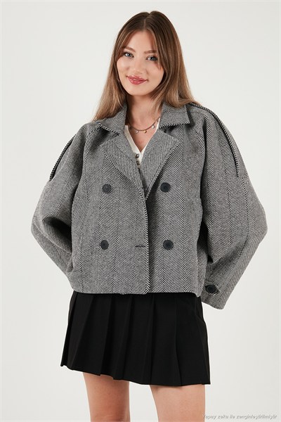 Balıksırtı Pamuklu Regular Fit Kruvaze Yaka Astarlı Kaşe Ceket Kadın Mont 6524981 SİYAH-BEYAZ