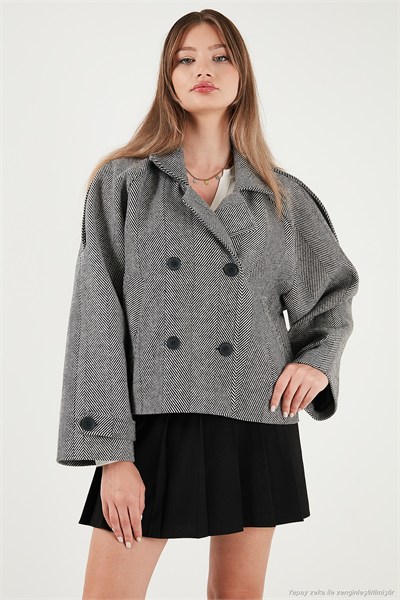 Balıksırtı Pamuklu Regular Fit Kruvaze Yaka Astarlı Kaşe Ceket Kadın Mont 6524981 SİYAH-BEYAZ