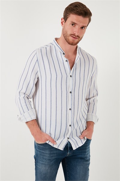 Bant Yaka Çizgili % 100 Pamuk Regular Fit Erkek Gömlek CF23S126828 SAKS