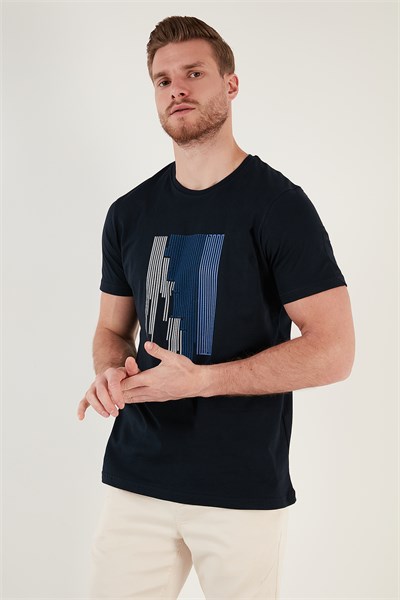 Baskılı % 100 Pamuk Slim Fit Bisiklet Yaka Erkek T Shirt 646B3780 LACİVERT