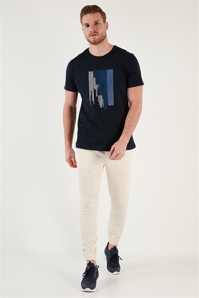 Baskılı % 100 Pamuk Slim Fit Bisiklet Yaka Erkek T Shirt 646B3780 LACİVERT