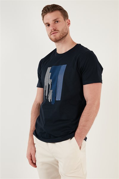 Baskılı % 100 Pamuk Slim Fit Bisiklet Yaka Erkek T Shirt 646B3780 LACİVERT