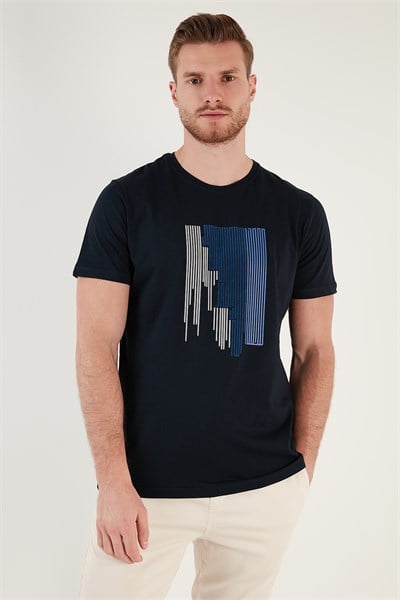 Baskılı % 100 Pamuk Slim Fit Bisiklet Yaka Erkek T Shirt 646B3780 LACİVERT
