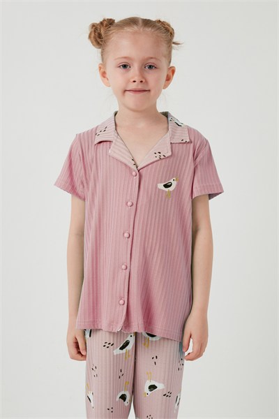 Baskılı Beli Lastikli Gömlek Yaka Kısa Kollu Kız Çocuk Pijama Takımı 6576001 PEMBE