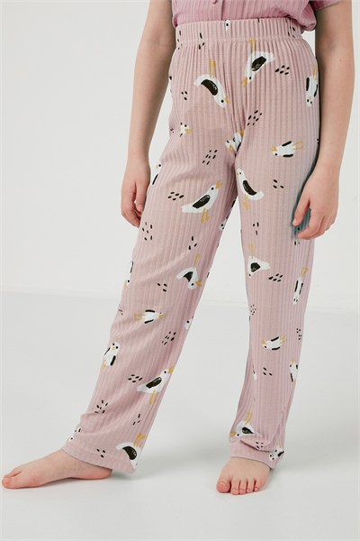 Baskılı Beli Lastikli Gömlek Yaka Kısa Kollu Kız Çocuk Pijama Takımı 6576001 PEMBE