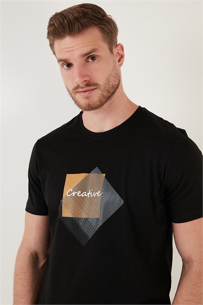 Baskılı Bisiklet Yaka % 100 Pamuk Slim Fit Erkek T Shirt 646R3940 SİYAH
