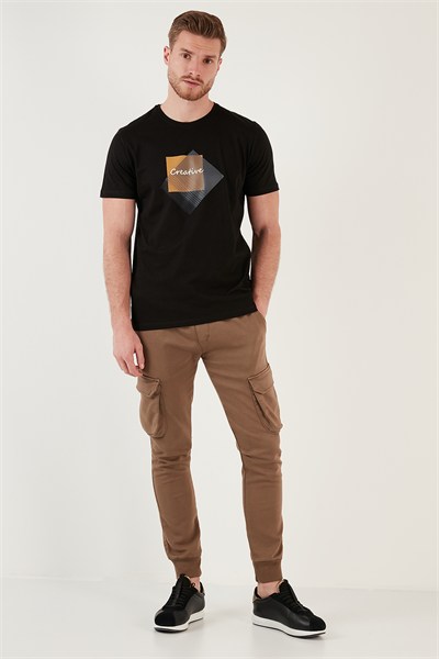 Baskılı Bisiklet Yaka % 100 Pamuk Slim Fit Erkek T Shirt 646R3940 SİYAH