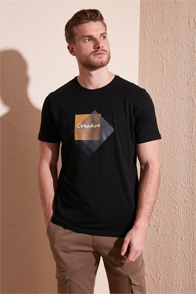 Baskılı Bisiklet Yaka % 100 Pamuk Slim Fit Erkek T Shirt 646R3940 SİYAH