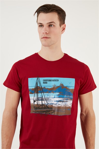 Baskılı Bisiklet Yaka % 100 Pamuklu Slim Fit Erkek T Shirt 541YELKEN24 KIRMIZI