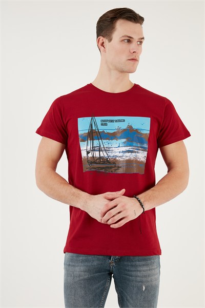 Baskılı Bisiklet Yaka % 100 Pamuklu Slim Fit Erkek T Shirt 541YELKEN24 KIRMIZI