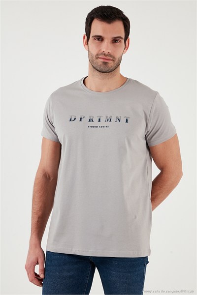 Baskılı Bisiklet Yaka Pamuklu Slim Fit Erkek T Shirt 541DPRTMNT24 AÇIK GRİ