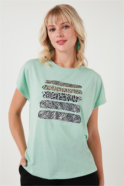 Baskılı Bisiklet Yaka Regular Fit Kadın T Shirt 6671003 MİNT