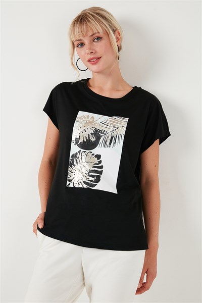 Baskılı Bisiklet Yaka Regular Fit Kadın T Shirt 6671004 SİYAH
