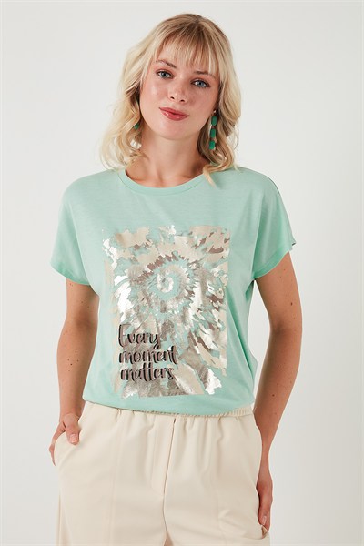 Baskılı Bisiklet Yaka Regular Fit Kadın T Shirt 6671001 MİNT