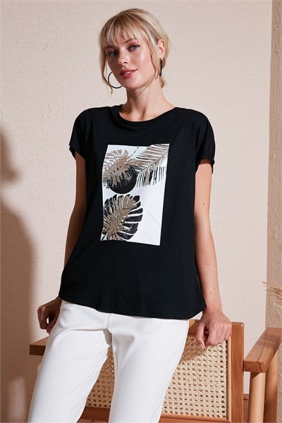 Baskılı Bisiklet Yaka Regular Fit Kadın T Shirt 6671004 SİYAH