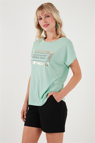 Baskılı Bisiklet Yaka Regular Fit Kadın T Shirt 6671007 MİNT