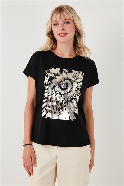 Baskılı Bisiklet Yaka Regular Fit Kadın T Shirt 6671001 SİYAH