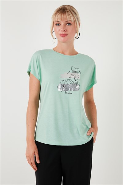 Baskılı Bisiklet Yaka Regular Fit Kadın T Shirt 6671005 MİNT