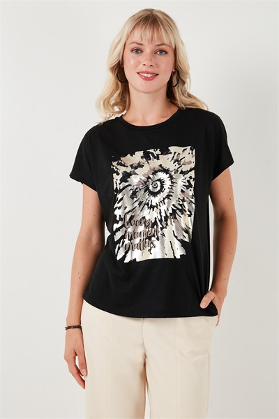 Baskılı Bisiklet Yaka Regular Fit Kadın T Shirt 6671001 SİYAH