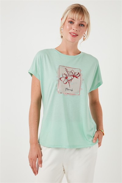 Baskılı Bisiklet Yaka Regular Fit Kadın T Shirt 6671002 MİNT