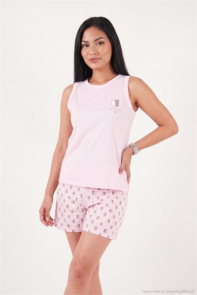 Baskılı Pamuklu Bisiklet Yaka Şortlu Kadın Pijama Takımı 65790786 PEMBE