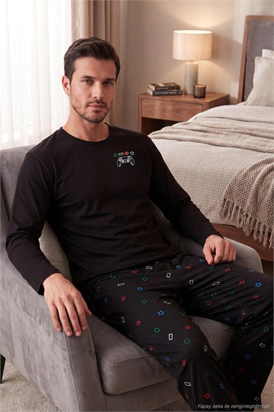 Baskılı Pamuklu Bisiklet Yaka Uzun Kollu Erkek Pijama Takımı 6575001 SİYAH