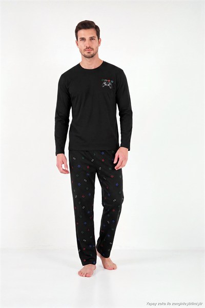 Baskılı Pamuklu Bisiklet Yaka Uzun Kollu Erkek Pijama Takımı 6575001 SİYAH