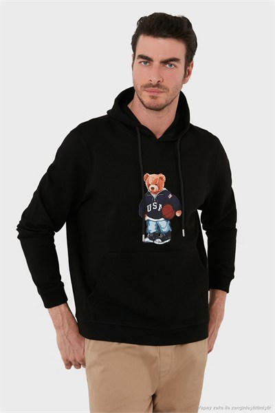 Baskılı Pamuklu Kapüşonlu Yaka Kanguru Cepli Erkek Sweat 6141003B SİYAH
