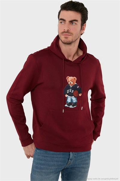 Baskılı Pamuklu Kapüşonlu Yaka Kanguru Cepli Erkek Sweat 6141003B BORDO