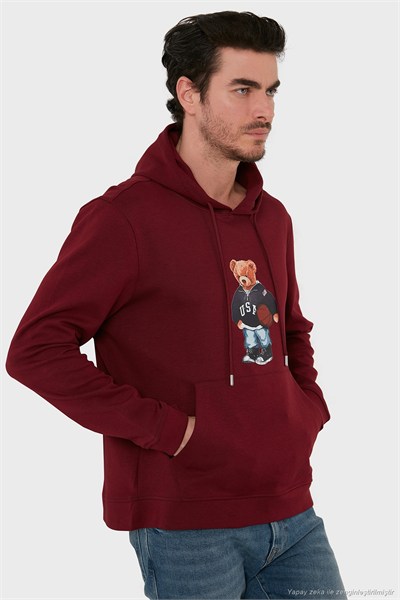 Baskılı Pamuklu Kapüşonlu Yaka Kanguru Cepli Erkek Sweat 6141003B BORDO