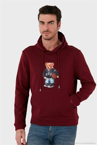 Baskılı Pamuklu Kapüşonlu Yaka Kanguru Cepli Erkek Sweat 6141003B BORDO