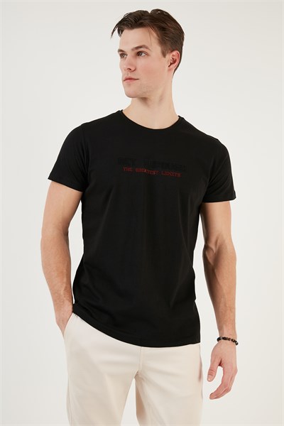 Basklı Bisiklet Yaka % 100 Pamuklu Slim Fit Erkek T Shirt 541GET SİYAH
