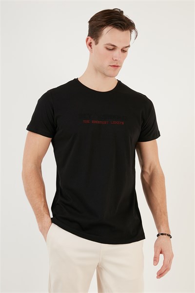 Basklı Bisiklet Yaka % 100 Pamuklu Slim Fit Erkek T Shirt 541GET SİYAH