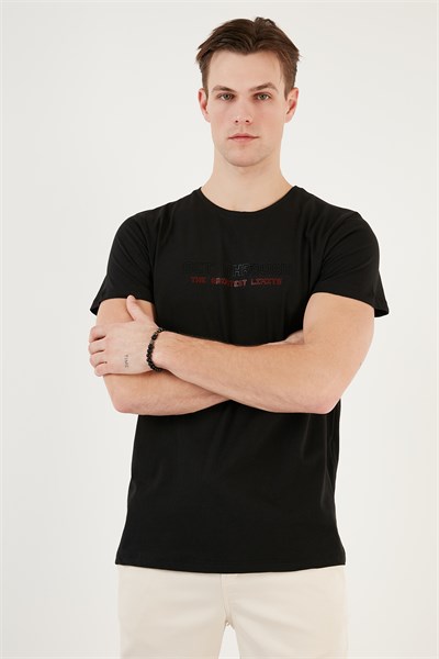 Basklı Bisiklet Yaka % 100 Pamuklu Slim Fit Erkek T Shirt 541GET SİYAH