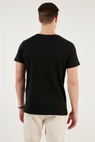 Basklı Bisiklet Yaka % 100 Pamuklu Slim Fit Erkek T Shirt 541GET SİYAH