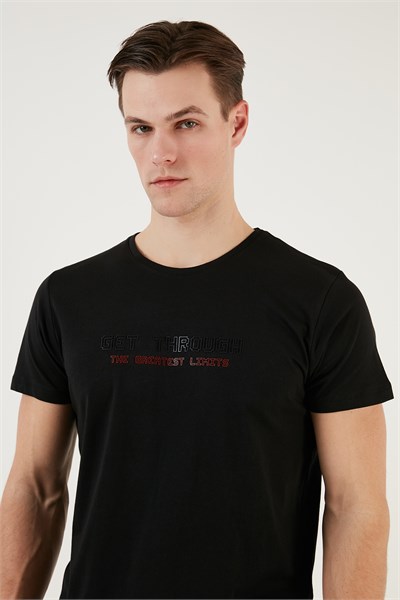 Basklı Bisiklet Yaka % 100 Pamuklu Slim Fit Erkek T Shirt 541GET SİYAH