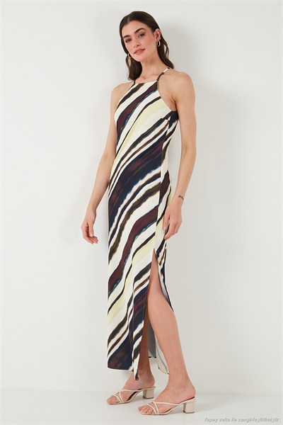 Batik Desenli Relaxed Fit Halter Yaka Yırtmaçlı Uzun Kadın Elbise 67810556 KAHVE-SARI