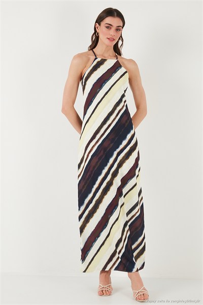 Batik Desenli Relaxed Fit Halter Yaka Yırtmaçlı Uzun Kadın Elbise 67810556 KAHVE-SARI