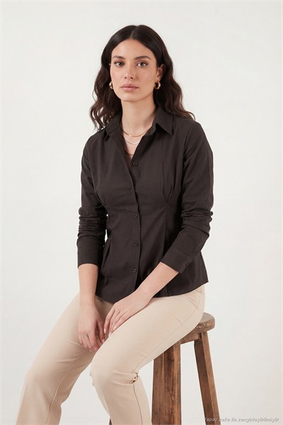 Belden Oturtmalı Pileli Pamuk Karışımlı Fitted Fit Kadın Gömlek 6778275 KAHVE