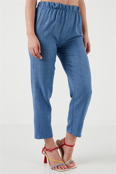 Beli Lastikli Keten Görünümlü Kadın Pantolon 5865797 KOYU MAVİ