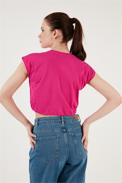 Bisiklet Yaka % 100 Pamuk Crop Kadın T Shirt 5865587 FUŞYA