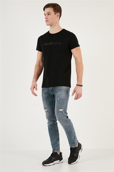 Bisiklet Yaka % 100 Pamuklu Slim Fit Erkek T Shirt 541UNEXPLORED24 SİYAH