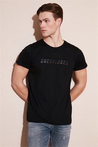 Bisiklet Yaka % 100 Pamuklu Slim Fit Erkek T Shirt 541UNEXPLORED24 SİYAH