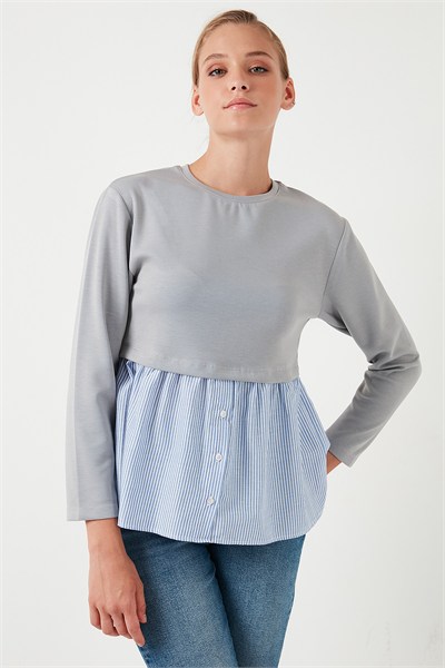 Bisiklet Yaka Gömlekli  Oversize Fit OYSHO Kumaş Kadın Sweat 5865880 GRİ