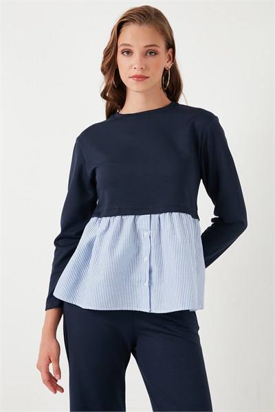 Bisiklet Yaka Gömlekli  Oversize Fit OYSHO Kumaş Kadın Sweat 5865880 LACİVERT