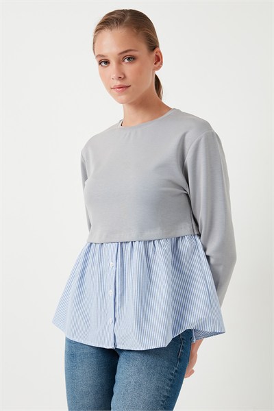 Bisiklet Yaka Gömlekli  Oversize Fit OYSHO Kumaş Kadın Sweat 5865880 GRİ